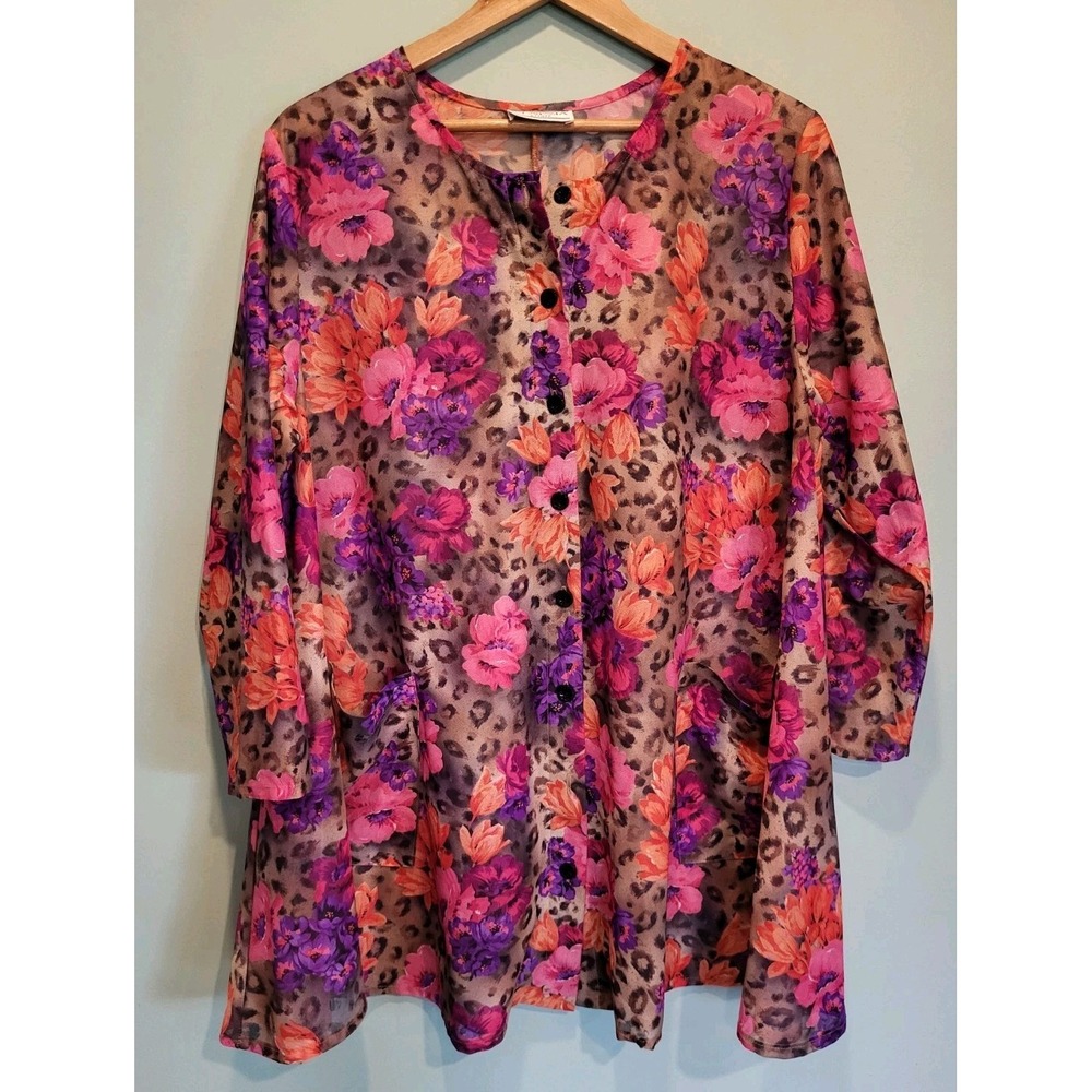 Colorful Floral Sheer Oversized Relaxed Fit Button Up Tunic Top Pockets Sz XL